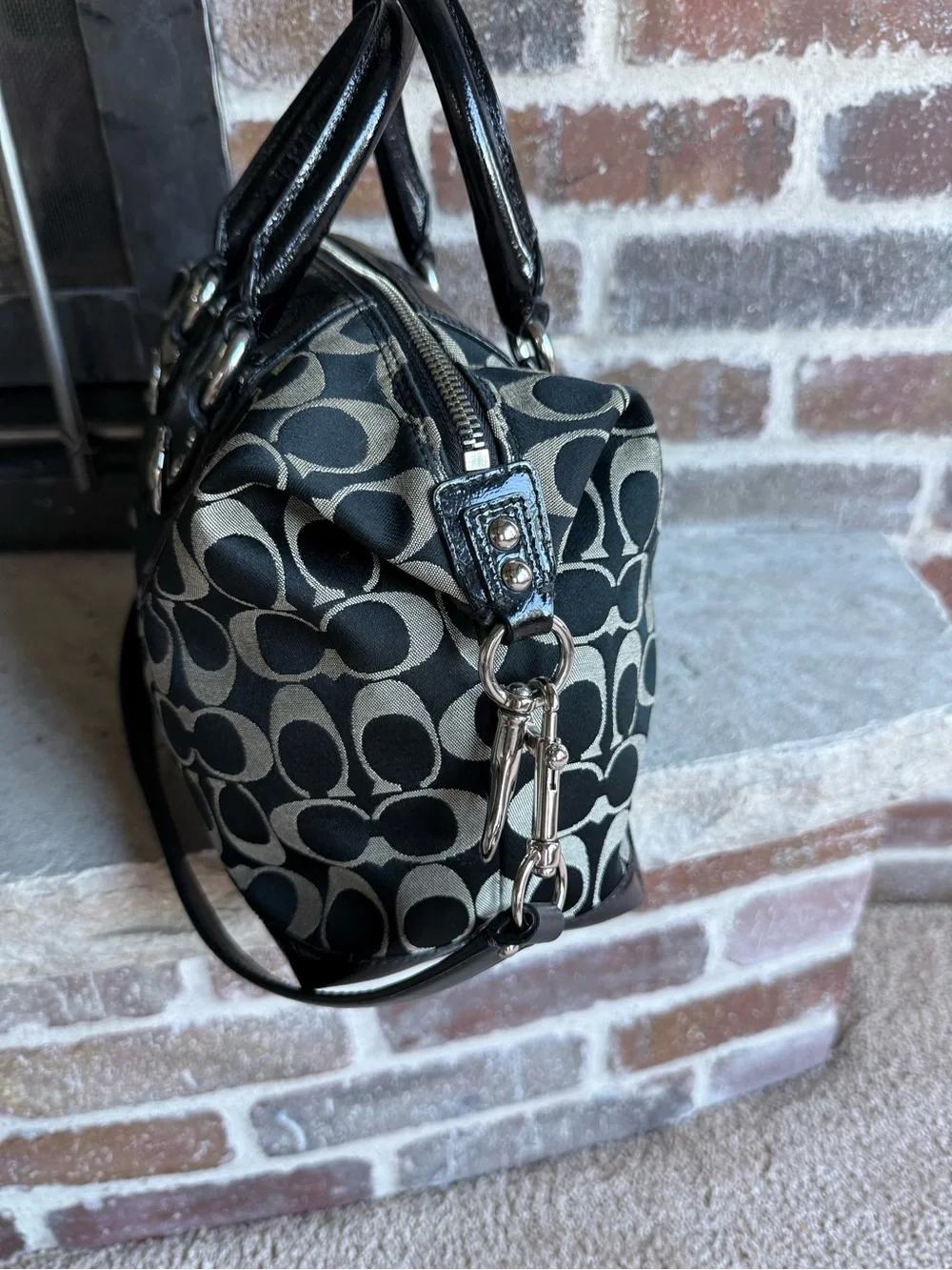 Authentic Coach Black and Cream Signature Satchel with Leather Trim